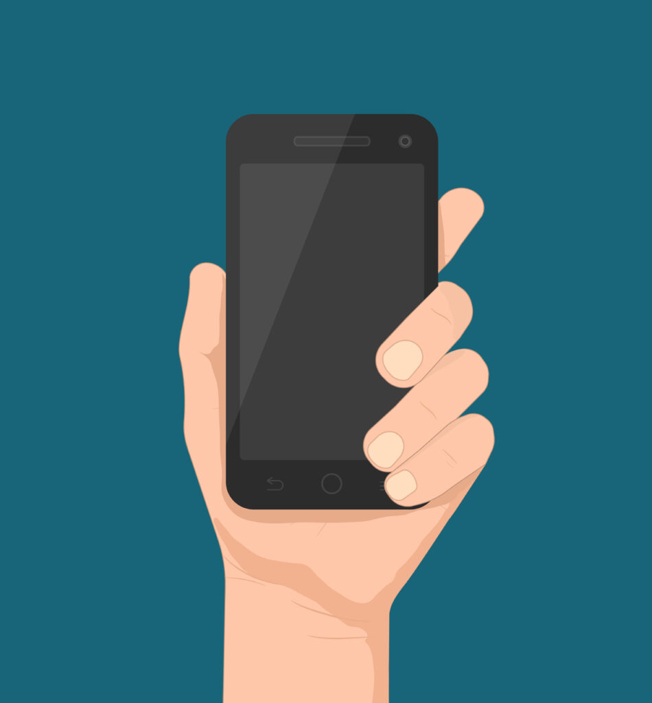 Illustration of black smartphone in hand on blue background