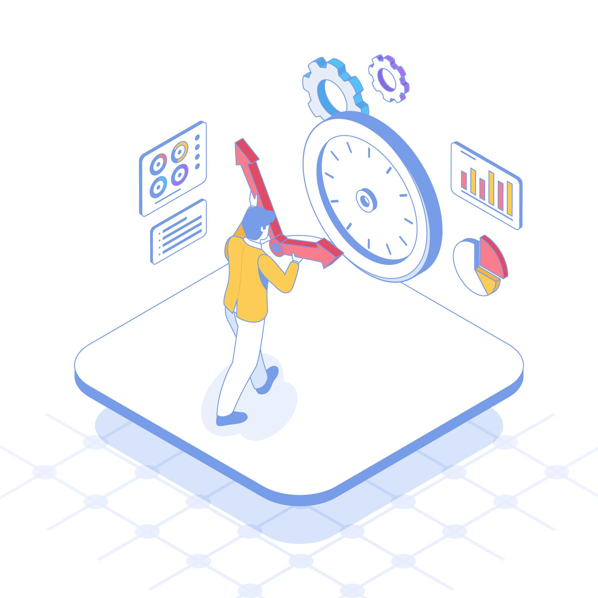 Isometric illustration of a person optimizing time of tasks